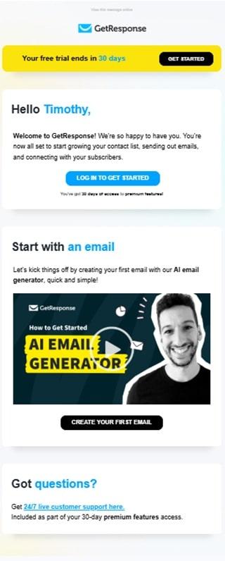GetResponse welcome email example showing personalized greeting and email marketing platform introduction for new users